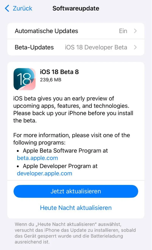 宾川苹果手机维修分享苹果 iOS / iPadOS 18 开发者预览版 Beta 8 发布 